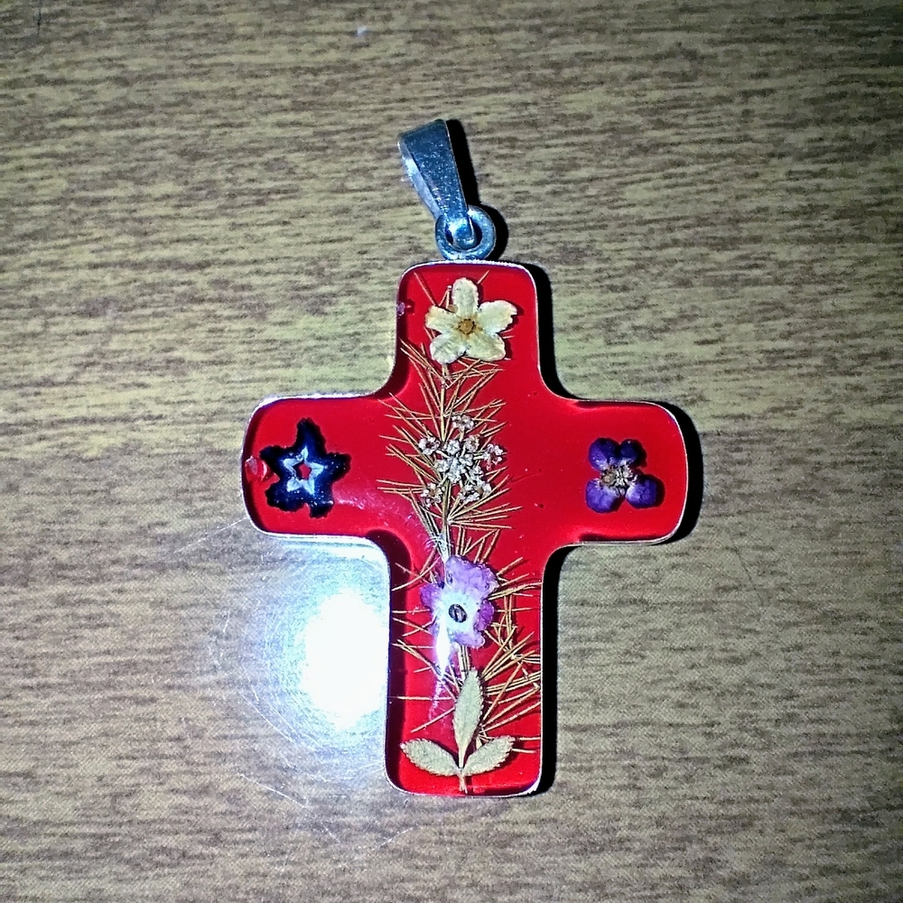 Sterling Silver Red Real Flowers Cross Pendant